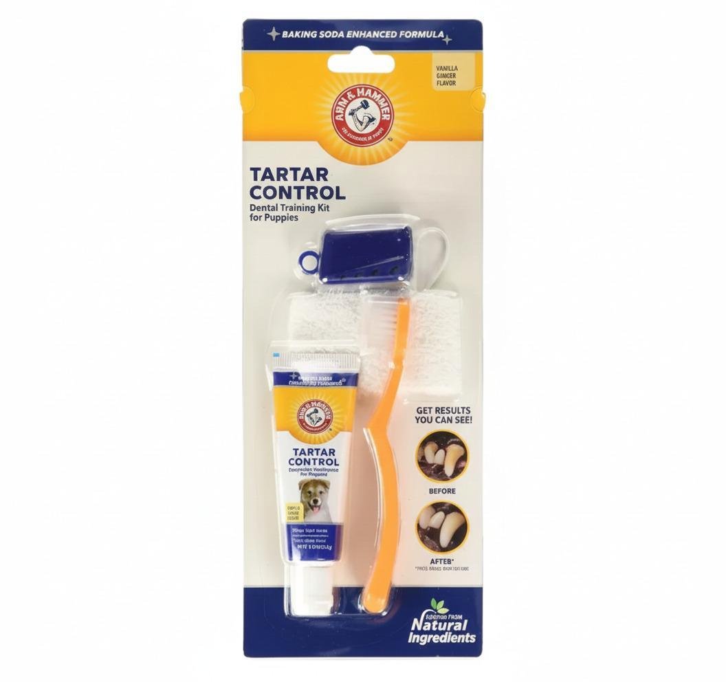 Kit Dental Tartar Control para Filhotes- Pasta de Dentes Sabor Baunilha- Arm e Hammer
